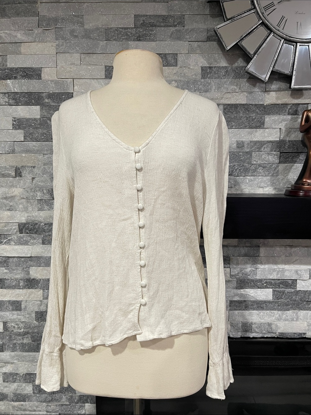 FIKA the BRAND Womens Ivory Rayon Linen V-Neck Button Cardigan Sweater L